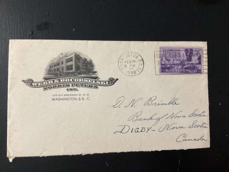 USA 1948 3C California Gold Centennial Stamp on cover DC to Canada Merry Christmas Sticker
