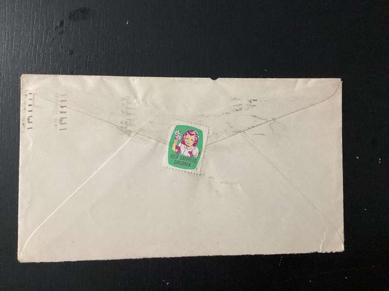 USA 1948 3c Stamp Mississippi Territory Washington DC to Canada Crippled Children sticker