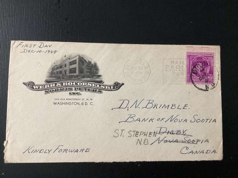 USA 1948 3c Stamp on Cover FDC Washington DC to Canada Merry Christmas Sticker