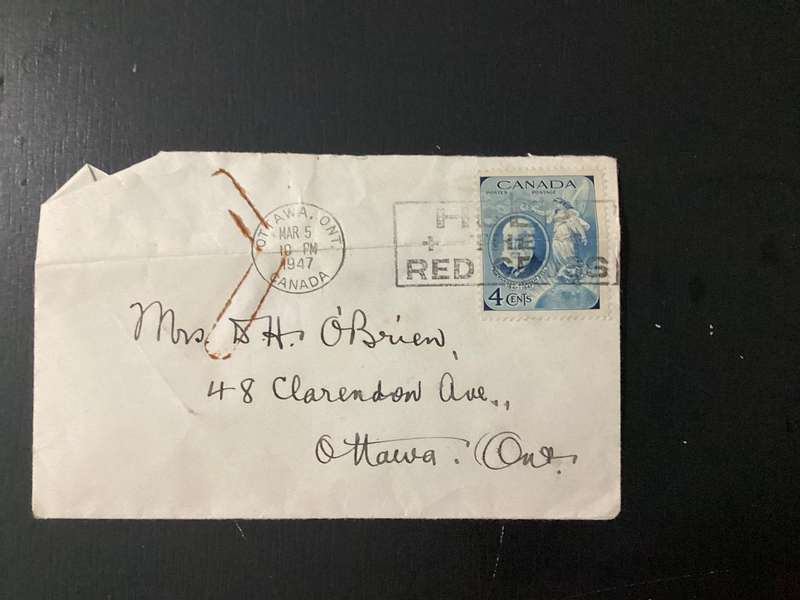 Canada 1947 Red Cross Stamp on Cover - DAMAGE!!