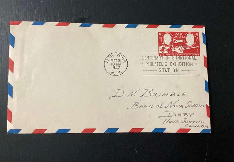 USA 1947 5C Airmail Centenary Stamp on cover New York to Canada