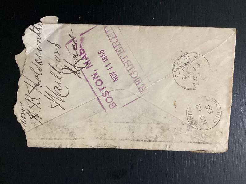 USA Cover 1885 Multiple George Washington 2C Registered Mail to NS Canada - See damage to cover