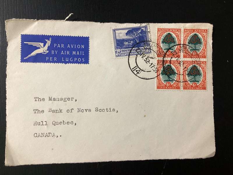 Cover (only front part of envelope) 1952 South Africa Union Airmail to Canada