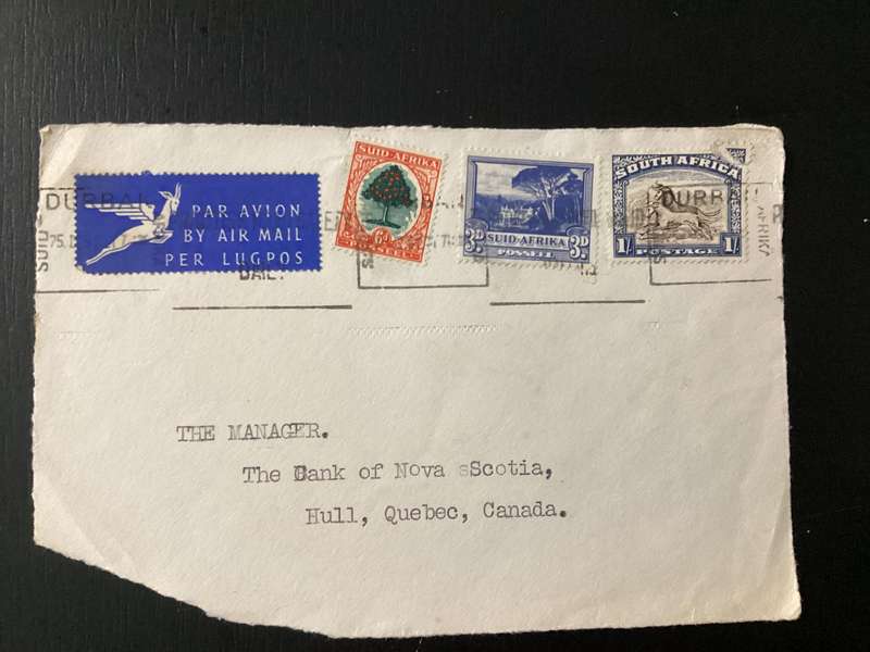 Cover (only front part of envelope) 1952 South Africa Union Airmail to Canada