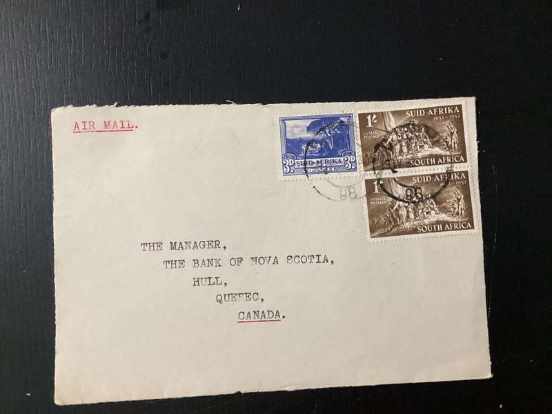 Cover (only front part of envelope) 1952 South Africa Union Airmail to Canada