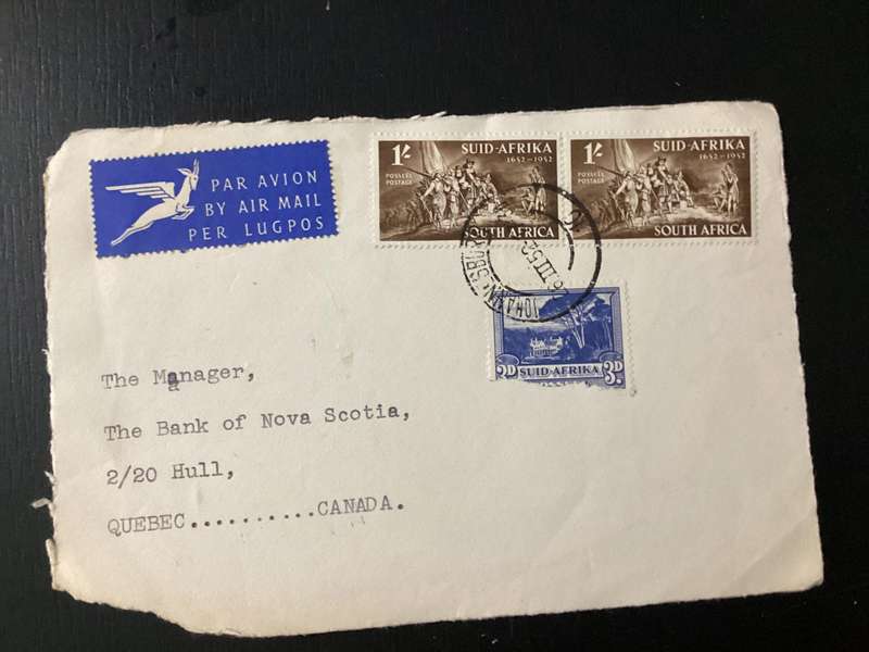 Cover (only front part of envelope) 1952 South Africa Union Airmail to Canada