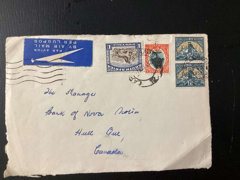 Cover (only front part of envelope) 1952 South Africa Union Airmail to Canada