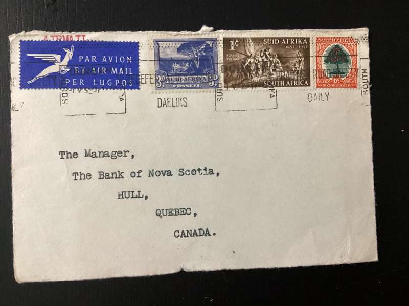 Cover (only front part of envelope) 1952 South Africa Union Airmail to Canada