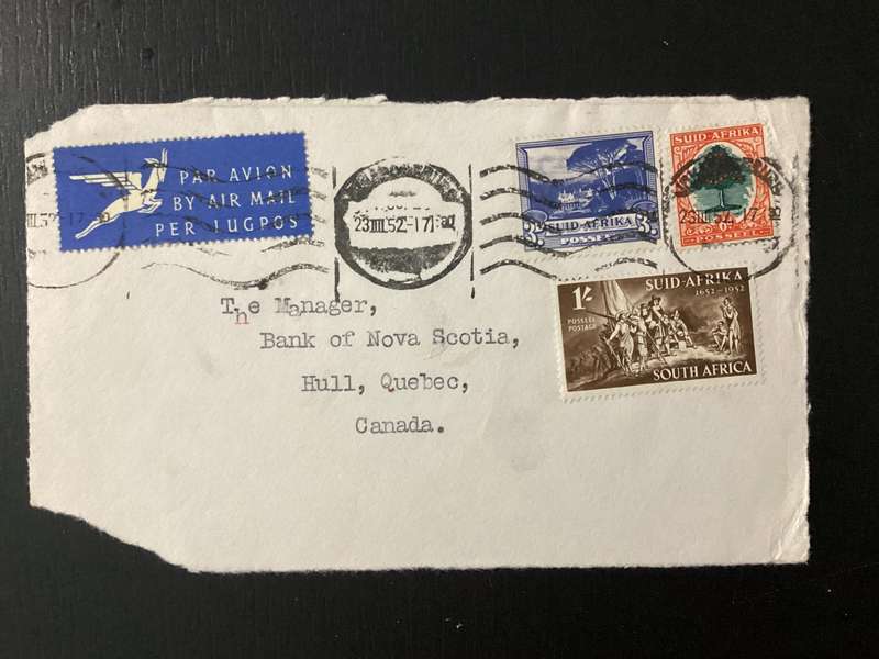 Cover (only front part of envelope) 1952 South Africa Union Airmail to Canada