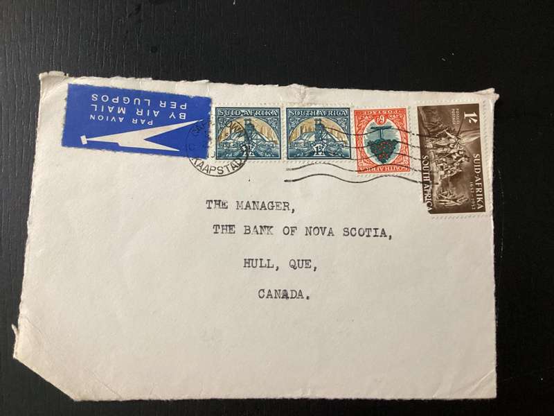 Cover (only front part of envelope) 1952 South Africa Union Airmail to Canada
