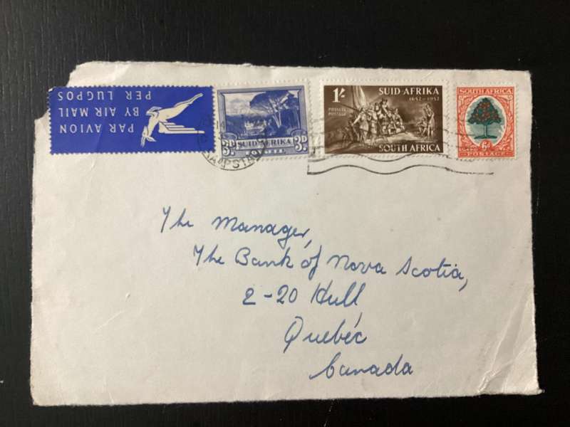 Cover (only front part of envelope) 1952 South Africa Union Airmail to Canada