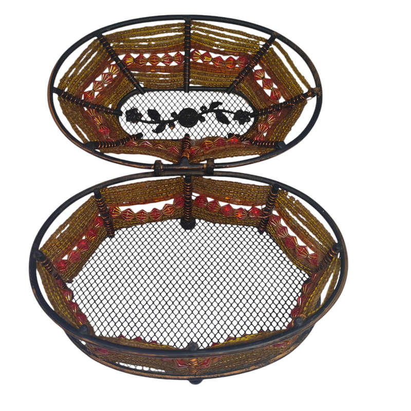Beaded metal trinket/jewelry basket with hinged lid