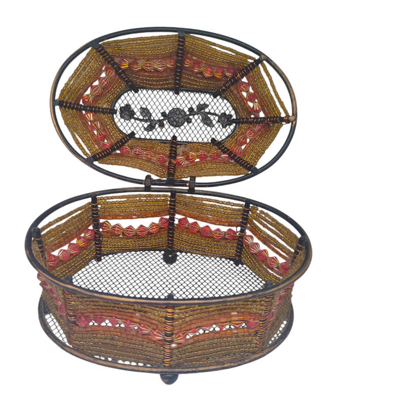 Beaded metal trinket/jewelry basket with hinged lid