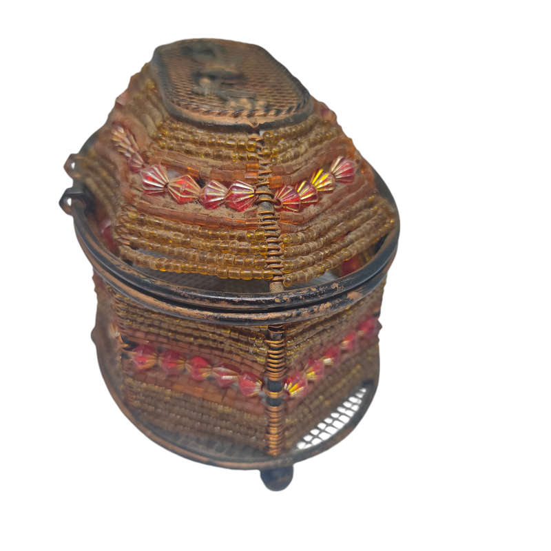Beaded metal trinket/jewelry basket with hinged lid
