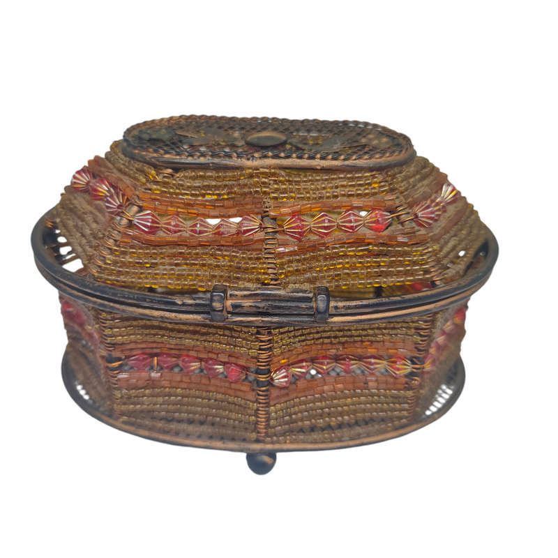 Beaded metal trinket/jewelry basket with hinged lid
