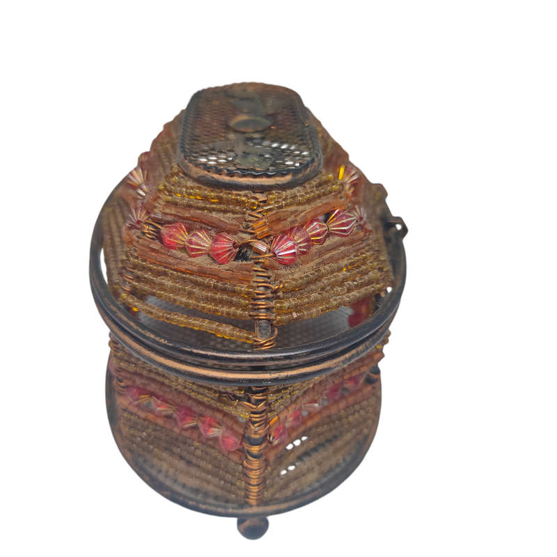 Beaded metal trinket/jewelry basket with hinged lid