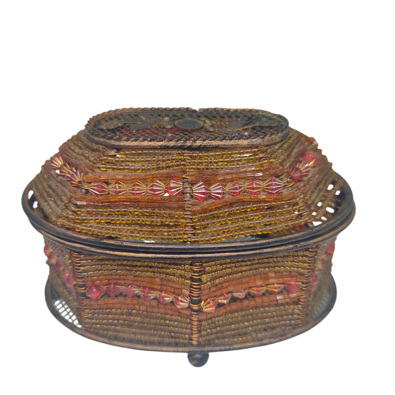 Beaded metal trinket/jewelry basket with hinged lid