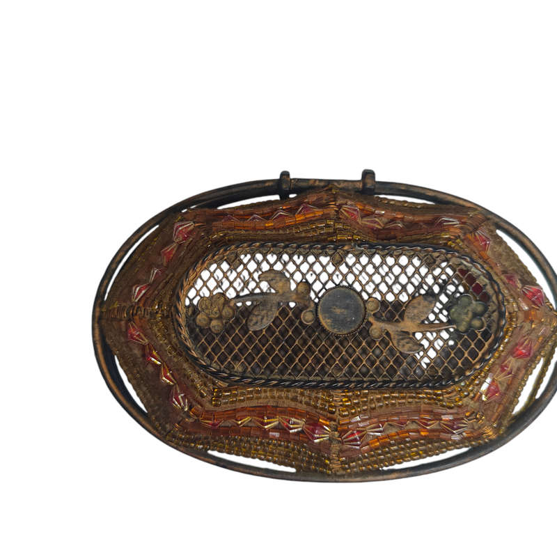 Beaded metal trinket/jewelry basket with hinged lid