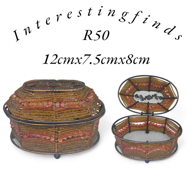 Beaded metal trinket/jewelry basket with hinged lid