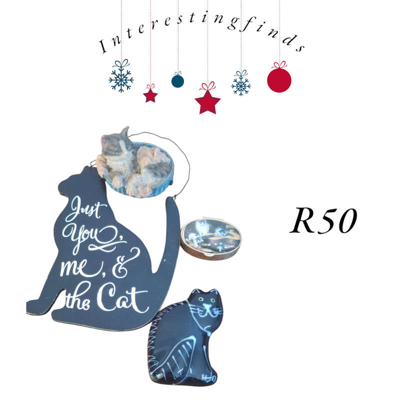 Lot of 5 cat ornaments (includes a vintage pill box)