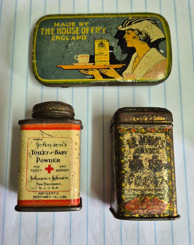 Sample tins. Johnson's Toilet and Baby Powder, De Jong's Dutch Cocoa, Fry's Pure Breakfast Cocoa.