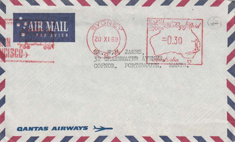Australia Cover - 1969 - Postage Paid EJ5 Sydney Map Surfing Qantas Airways Trains