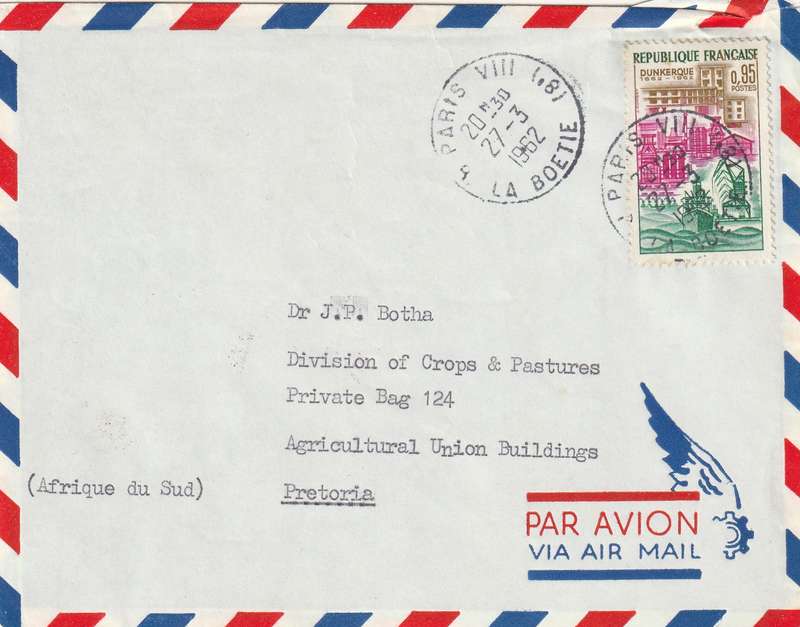 France Cover South Africa - 1962 - Dunkerque Ships La Boetie