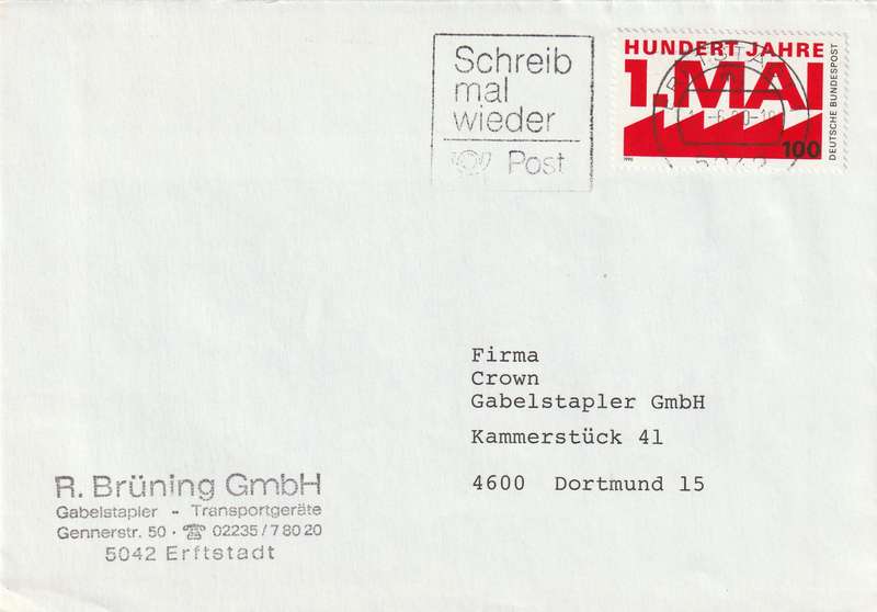 Germany Cover - 1990 - 1990 Hundert Jahre 1 Mai Slogan Schreib mal wieder Erfstadt