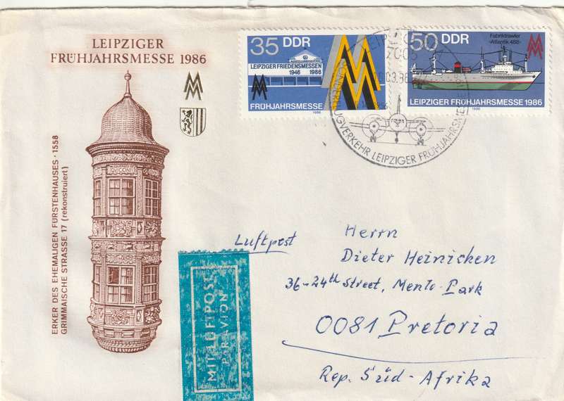 Germany DDR Cover South Africa - 1986 - Leipzig Leipziger Fruhjahrsmesse Fair Aviation Ships