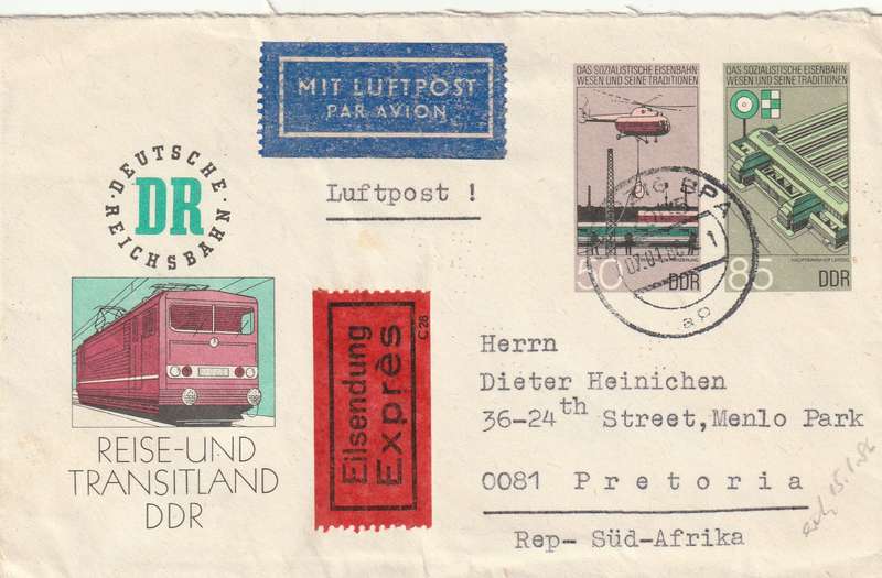 Germany DDR Cover Postal Stationery South Africa - 1986 - Reise und Transitland Helicopter Aviation