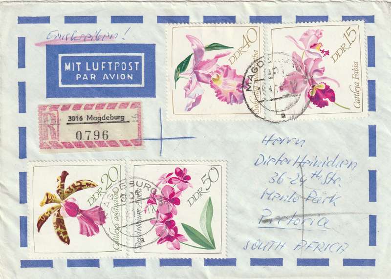 Germany DDR Registered Cover South Africa - 1972 1968 - International Meteorologist Congress Orchid