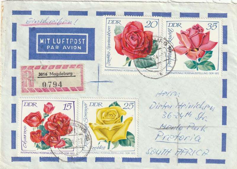 Germany DDR Registered Cover South Africa - 1972 - International Meteorologist Congress Roses