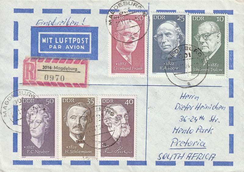 Germany DDR Registered Cover South Africa - 1971 1972 1968 - Famous Persons Rudolf Virchow Anthropo