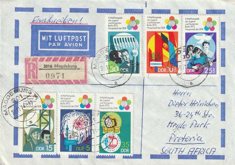 Germany DDR Registered Cover South Africa - 1968 1973 - International Youth and Student Games Sport