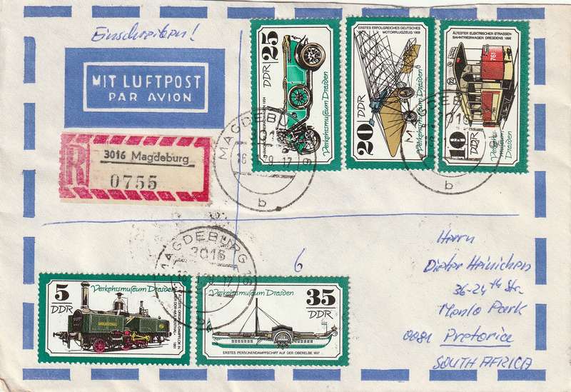 Germany DDR Registered Cover South Africa - 1977 1978 - State Museum Berlin Transportation Dresden