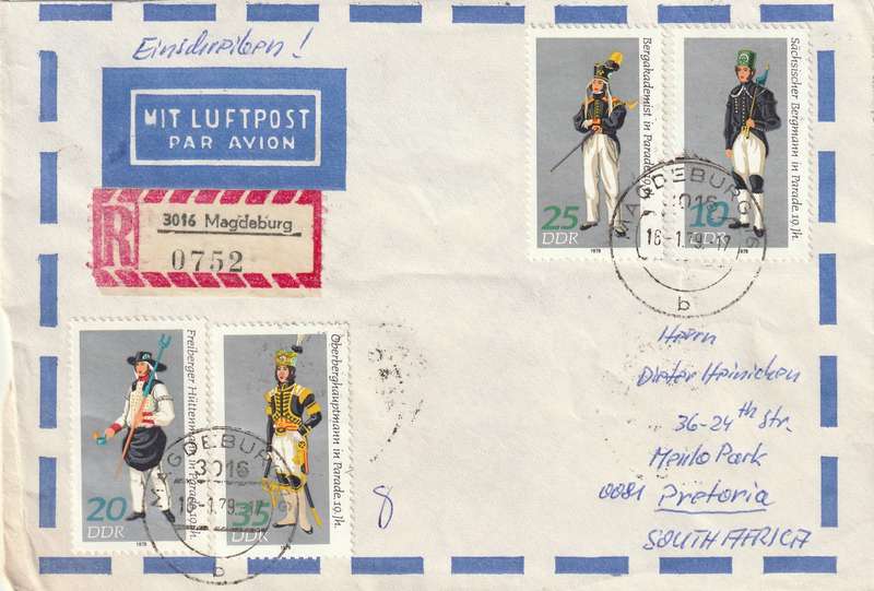 Germany DDR Registered Cover South Africa - 1978 - Folk Costumes Youth Festival Labour Task Force
