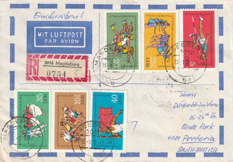 Germany DDR Registered Cover South Africa - 1977 1978 - Sports Central Young Craftsmen Exhibition C
