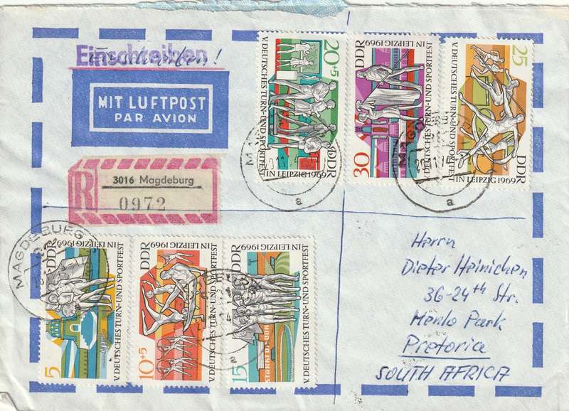 Germany DDR Registered Cover South Africa - 1969 1972 - Gymnastics and Sports Festival Leipzig Spri