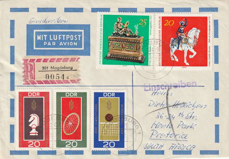 Germany DDR Registered Cover South Africa - 1971 1969 - Art Artifacts World Championships Chess Cyc