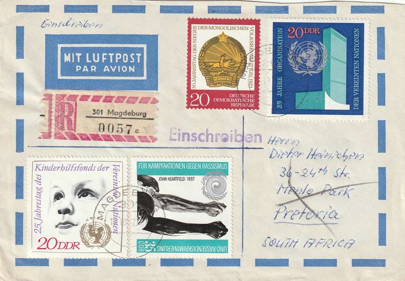 Germany DDR Registered Cover South Africa - 1971 - Parisian Commune Mongolian Republic UNICEF Racis