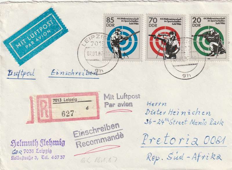 Germany DDR Registered Cover South Africa - 1986 - World Championship of Sport Shooting