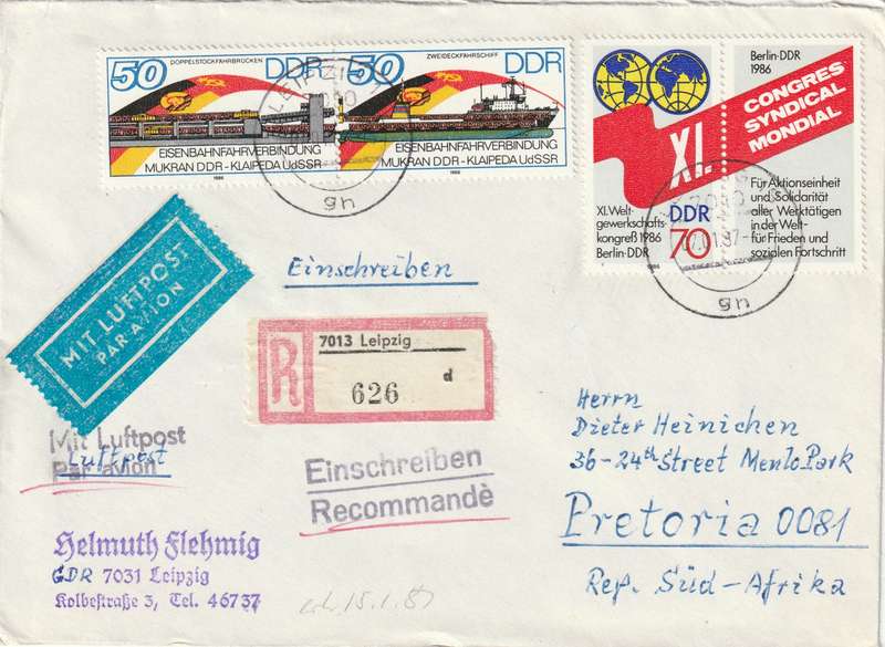 Germany DDR Registered Cover South Africa - 1986 - Congress of Science Railway Mukrau-Klaipeda