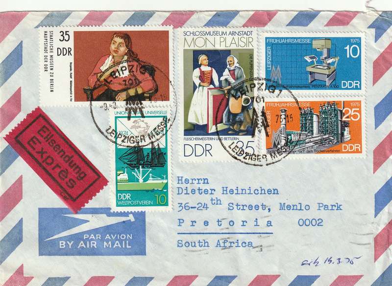 Germany DDR Registered Cover South Africa - 1974 1975 -  Paintings Leipzig Spring Fair UPU Ships