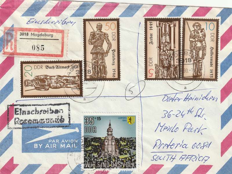 Germany DDR Registered Cover South Africa - 1989 1990 - Alfred Edmund and Christian Ludwig Sculptur