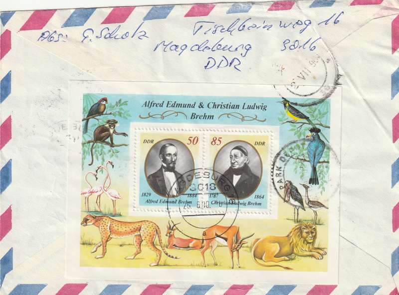 Germany DDR Registered Cover South Africa - 1989 1990 - Alfred Edmund and Christian Ludwig Sculptur
