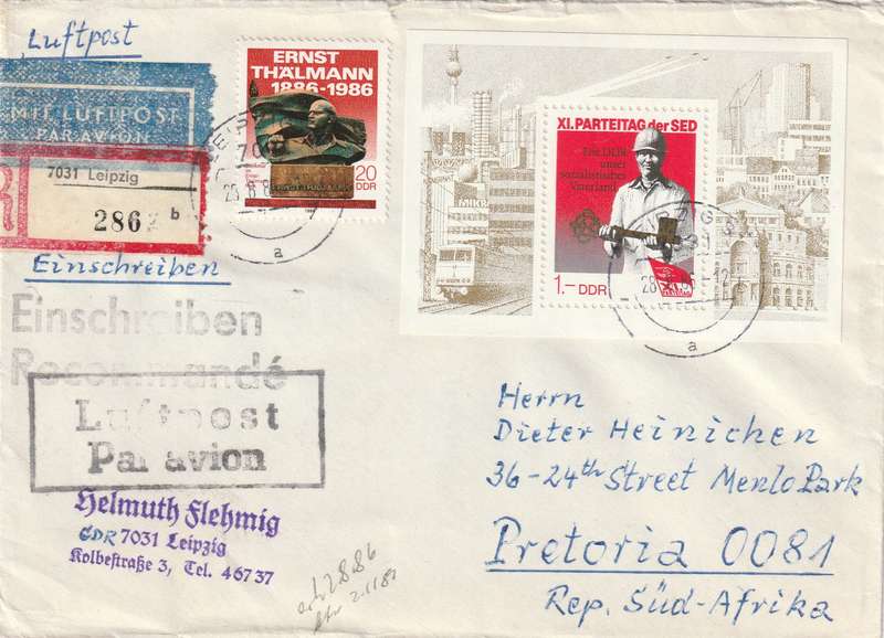 Germany DDR Registered Cover South Africa - 1986 - Party Day of SED Ernst Thalmann Park Monument