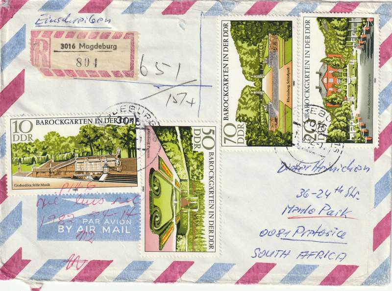 Germany DDR Registered Cover South Africa - 1980 - Baroque Gardens Old Microscopes