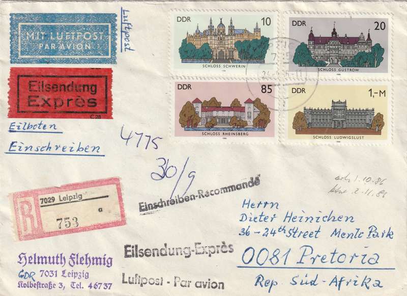 Germany DDR Registered Cover South Africa - 1986 - Castles