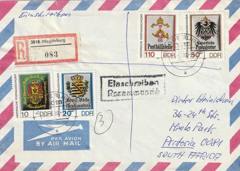 Germany DDR Registered Cover South Africa - 1990 1989 - Historical Post Office Signs Chandeliers