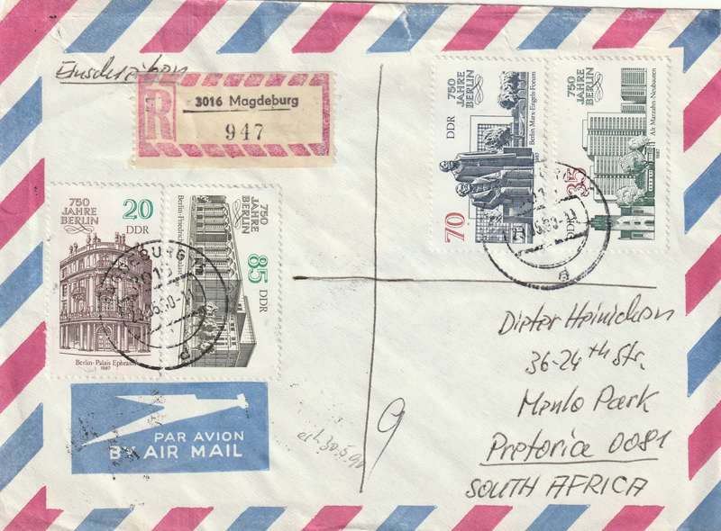 Germany DDR Registered Cover South Africa - 1988 1987 - Leipzig Autumn Fair 50th Anniversary of Ber